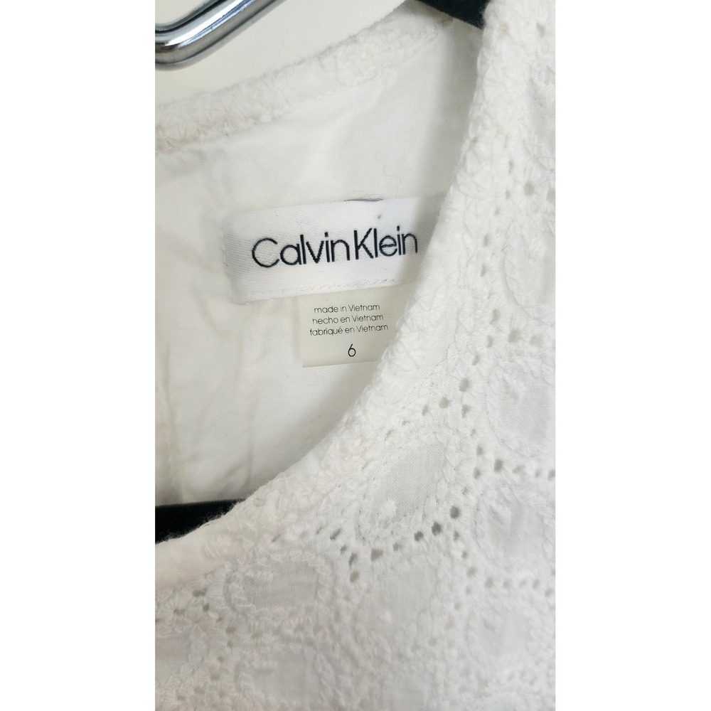 Calvin Klein White Cotton Eyelet Sleeveless Shift Dress A cut Midi Bridal Chic 6 - Picture 3 of 7